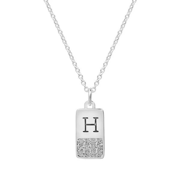 LC mini dog tag “H” silver tone cubic zirconia initial necklace, NWT - Picture 1 of 10